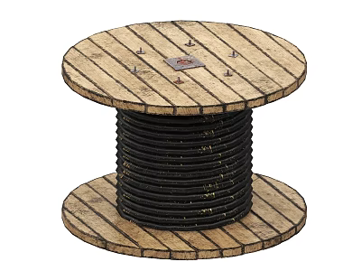 Heavy Duty Industrial Cable Reel with Wooden Spool and Black Coiled Cable 3d model