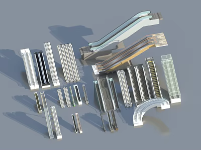 Elevator And Escalator Components Featuring Metal Handrails And Transparent Glass Doors 3d model