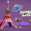 Cartoon Rumble Worlds Scene With Red Tower Globe And Yellow Trees 3d model