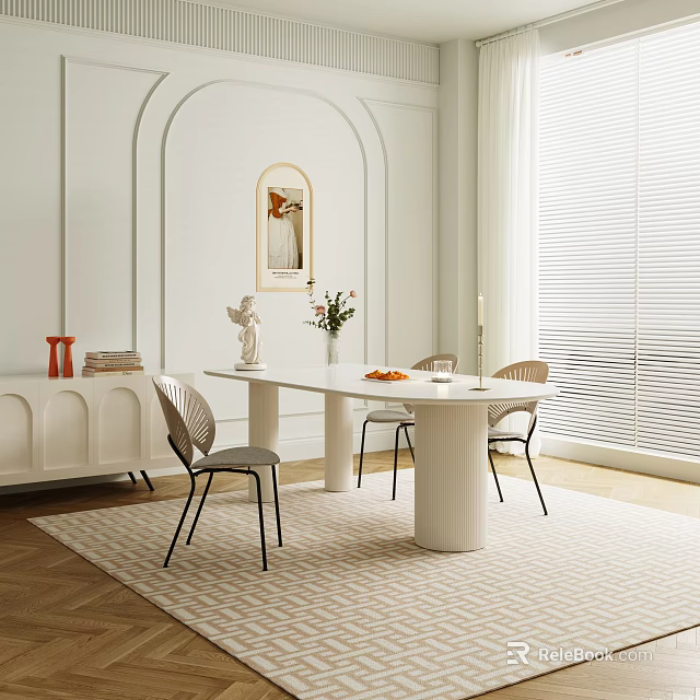 Elegant Modern Dining Table Set With White Chairs And Decorative Elements 3d model