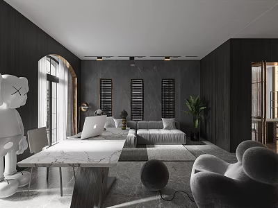 Modern Living Dining Room Dark Tones Open Concept Marble Table Sofa Art Sculpture Large Windows 3d model