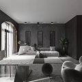 Modern Living Dining Room Dark Tones Open Concept Marble Table Sofa Art Sculpture Large Windows
