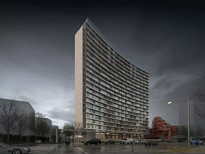 Modern Curved High Rise Residential Building With Glass Windows Parking Area And Street Lamps 3d model
