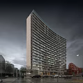 Modern Curved High Rise Residential Building With Glass Windows Parking Area And Street Lamps