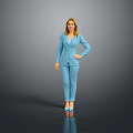 Confident Business Woman in Blue Suit Standing on Reflective Floor with Gray Background