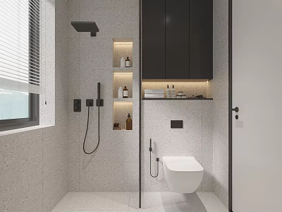 Modern Bathroom Interior With Wall-Mounted Toilet Shower Area Storage Cabinets And Gray Walls 3d model