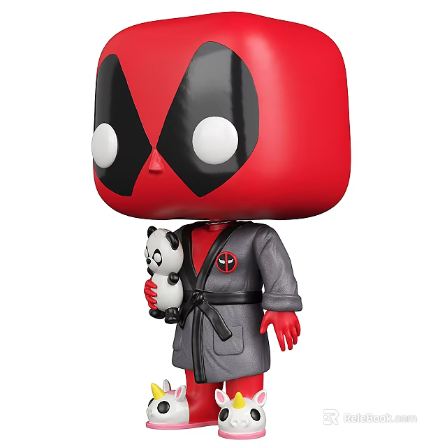Red Head Black Mask Action Figure In Gray Bathrobe Holding Small Panda 3d model 