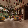 Vibrant Restaurant Interior With Colorful Chairs Wooden Tables Chandelier Flags On Green Walls