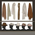 Stylish Hats Displayed On Black Mannequin Heads In Wooden Showcase With Scarves Above