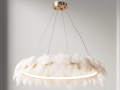 Elegant Modern Chandelier With White Feathers And Illuminated Golden Ring Design 3d model