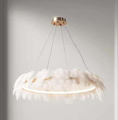 Elegant Modern Chandelier With White Feathers And Illuminated Golden Ring Design 3d model