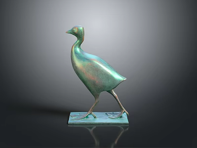 Elegant Artistic Green Metallic Iridescent Bird Sculpture Standing On Square Base 3d model