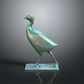 Elegant Artistic Green Metallic Iridescent Bird Sculpture Standing On Square Base