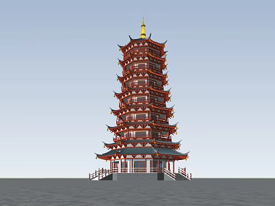 Traditional Chinese Pagoda with Multiple Floors Red Gold Decoration Curved Eaves Stone Stairs and Railings 3d model
