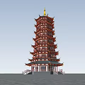 Traditional Chinese Pagoda with Multiple Floors Red Gold Decoration Curved Eaves Stone Stairs and Railings