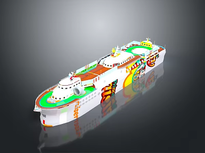 Decorative Cruise Ferry Model With White Hull Green Deck Yellow Top And Colorful Patterns 3d model