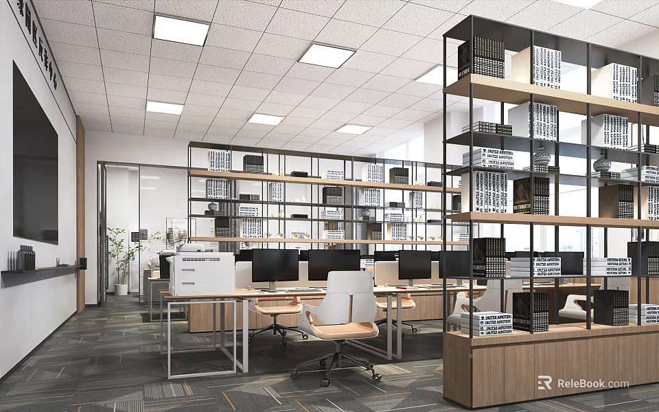 Modern Public Office Interior With Open Layout Desks Computers Bookshelves And Ceiling Lights 3d model