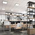 Modern Public Office Interior With Open Layout Desks Computers Bookshelves And Ceiling Lights 3d model