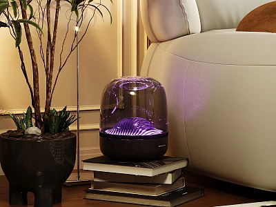 Decorative Ornament Set with Transparent Dome Purple Light Placed on Stacked Books and Potted Plant 3d model
