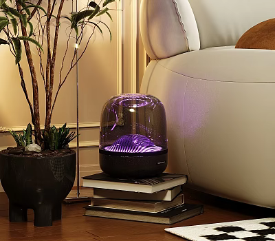 Decorative Ornament Set with Transparent Dome Purple Light Placed on Stacked Books and Potted Plant 3d model