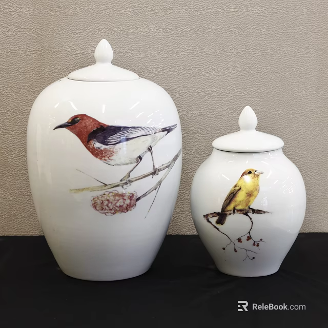 Stylish Shower Sauna Area Decorated With White Ceramic Jars And Bird Patterns 3d model