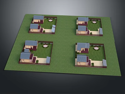 Cartoon Scene With Four Small House Models On Green Grass Lawn 3d model