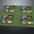 Cartoon Scene With Four Small House Models On Green Grass Lawn