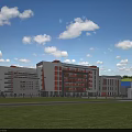 Multi story School Building With Red White Facade Playground Football Field And Green Trees