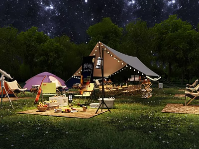 Garden Landscape With Starry Night Grassland Camping Tents Trees And Outdoor Seating 3d model