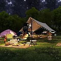 Garden Landscape With Starry Night Grassland Camping Tents Trees And Outdoor Seating