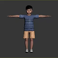 Little Boy With Arms Stretched Out Wearing Blue Patterned Shirt Yellow Shorts And White Sneakers