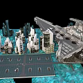 Cartoon Sci Fi Scene Featuring Large Starship Futuristic Buildings Blue Ground And 3D Structures