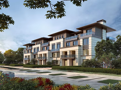Elegant Modern Townhouse Exterior Design With Balconies Landscaped Gardens And Trees 3d model