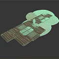 Wooden Platform Structural Model With Circular Stone Base And Metal Sphere