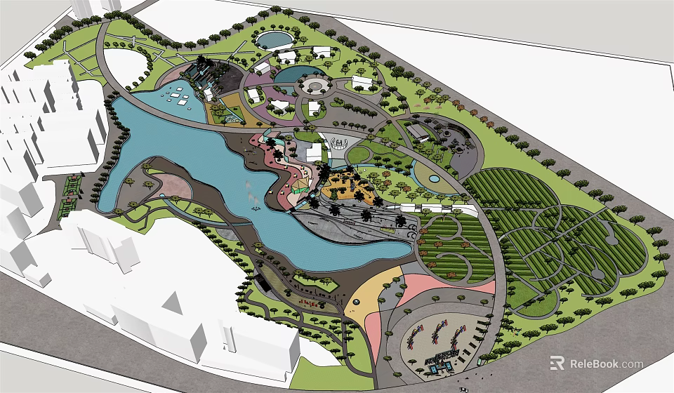 Scenic Park Landscape Design With Lake Walking Paths Green Spaces And Recreational Areas 3d model 