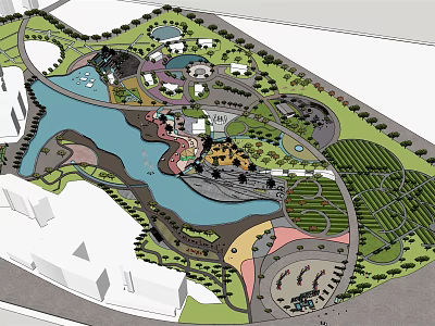 Scenic Park Landscape Design With Lake Walking Paths Green Spaces And Recreational Areas 3d model