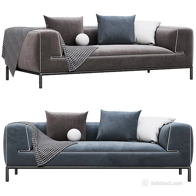 Modern Three Seater Sofa With Gray Blue Pillows And Checked Throw Blanket 3d model