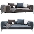 Modern Three Seater Sofa With Gray Blue Pillows And Checked Throw Blanket 3d model