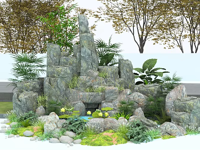 Rockery Stones in Garden Landscape With Green Plants Small Pond And Moss 3d model