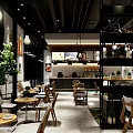 Modern Stylish Restaurant Interior With Wooden Dining Chairs Tables Hanging Lights And Wall Posters