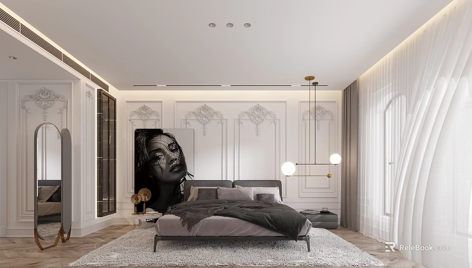 Modern Bedroom Interior Design With White Decorative Walls Gray Bedding And Portrait Painting 3d model 