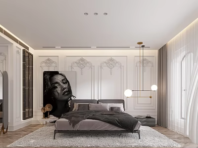 Modern Bedroom Interior Design With White Decorative Walls Gray Bedding And Portrait Painting 3d model