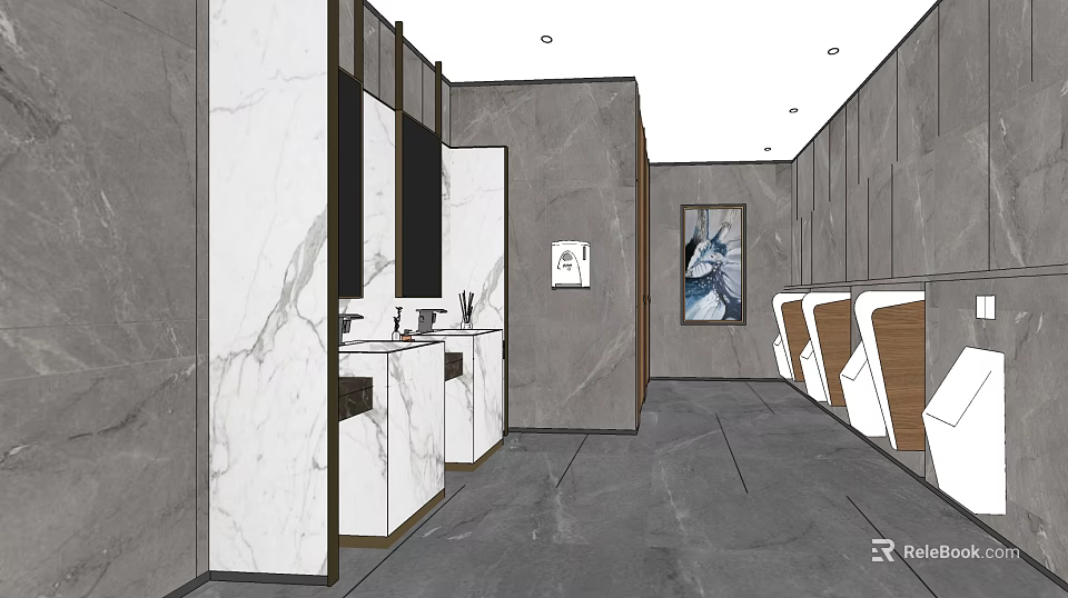 Modern Hotel Bathroom Interior With Marble Vanity Mirrors Gray Walls Toilet Stalls Artwork 3d model 