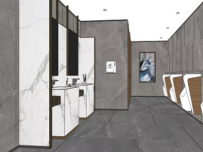 Modern Hotel Bathroom Interior With Marble Vanity Mirrors Gray Walls Toilet Stalls Artwork 3d model