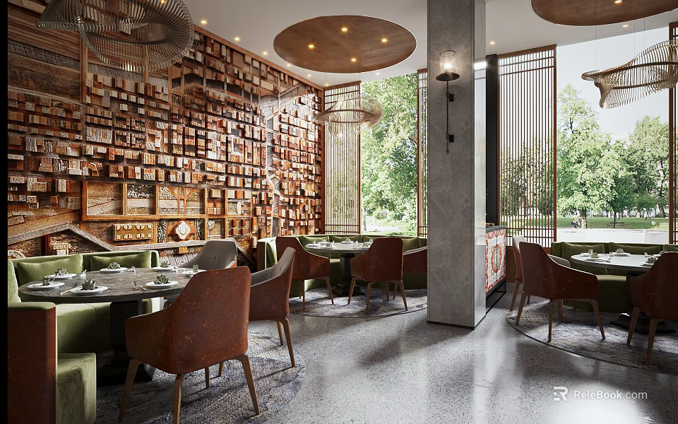 Elegant Restaurant Interior With Wooden Wall Shelves Large Windows Round Pendant Lights And Dining Tables 3d model 