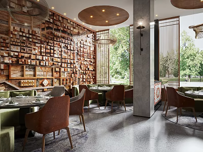 Elegant Restaurant Interior With Wooden Wall Shelves Large Windows Round Pendant Lights And Dining Tables 3d model