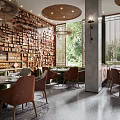 Elegant Restaurant Interior With Wooden Wall Shelves Large Windows Round Pendant Lights And Dining Tables