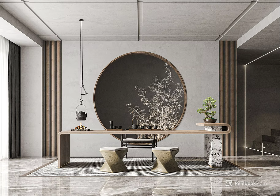 Minimalist Modern Tea Room Interior With Circular Mirror Bamboo Decor And Wooden Table 3d model 