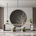 Minimalist Modern Tea Room Interior With Circular Mirror Bamboo Decor And Wooden Table