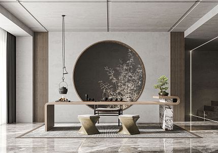 New Chinese Style Tea Room Zen Style Tea Room Tea Table and Chair Tea Cabinet Background Wall Tea Table Tea Chair Tea Stool Chandelier 3d model